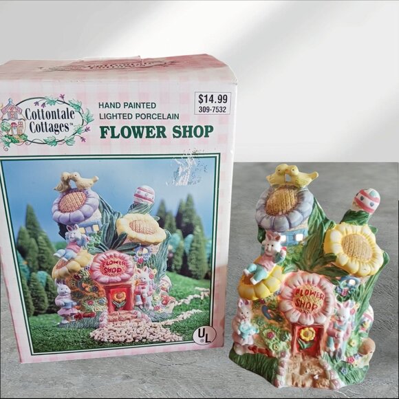 Cottontale Cottage Lighted Porcelain Bunny Flower Shop Figurine - Picture 9 of 9